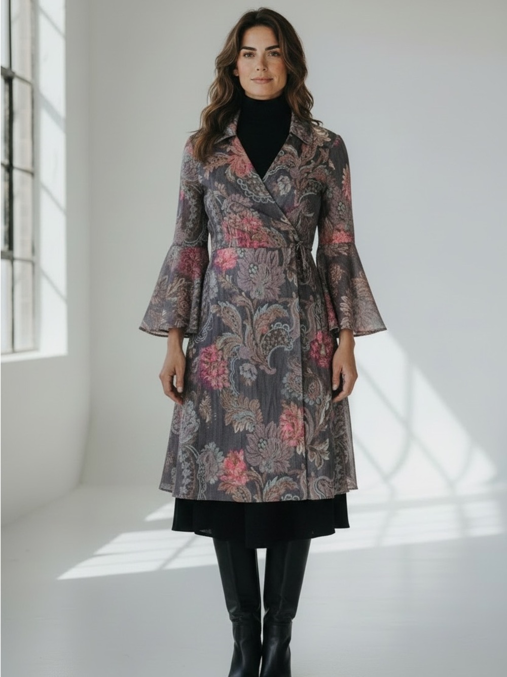 Nanette Lepore Gray with Pink Floral Jacquard Trench NEVER worn - gorgeous SZ6